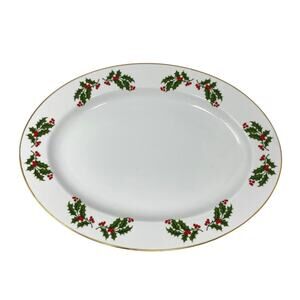 Vintage Christmas Holly fine porcelain oval platter Japan Kashima 14.5”